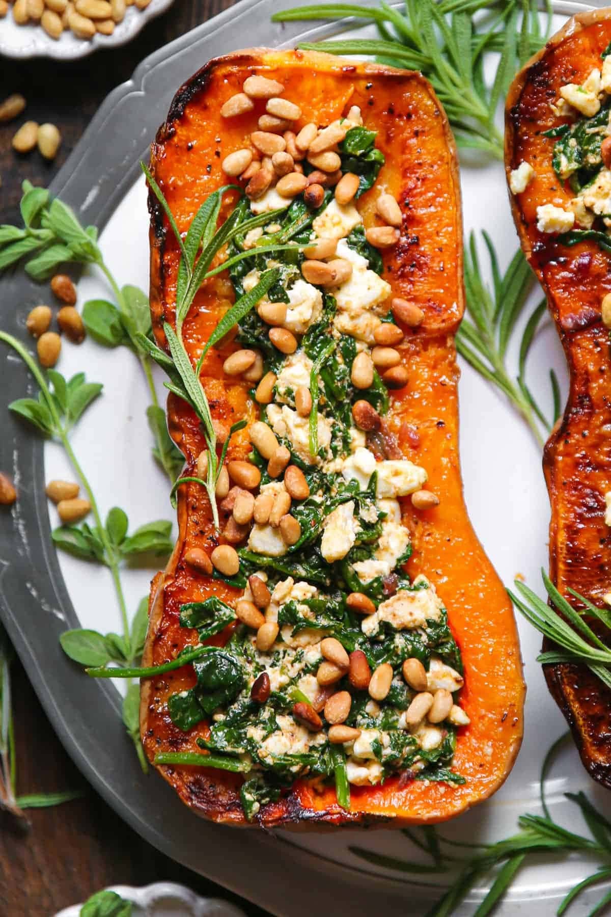 Roasted butternut squash stuffed with feta and spinach.
