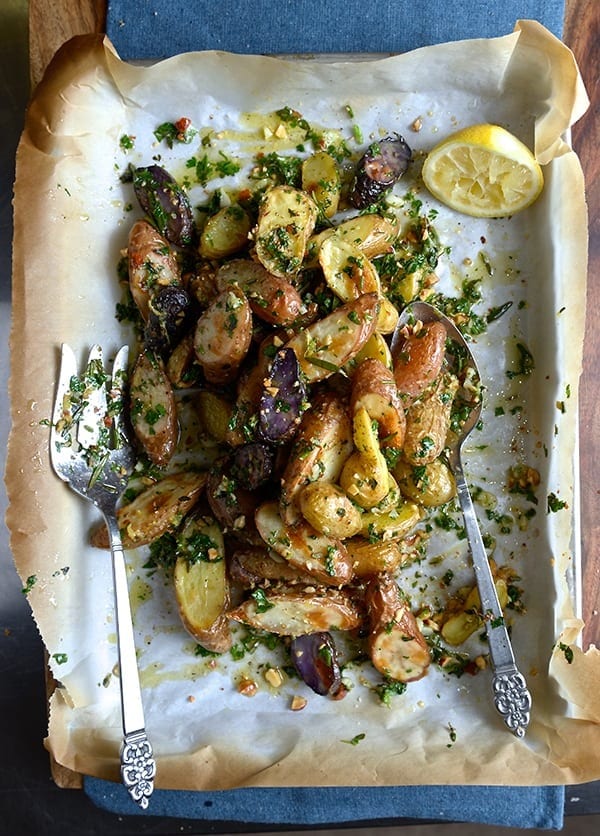 Roasted fingerling potatoes with garlic, fresh herbs, and almonds,