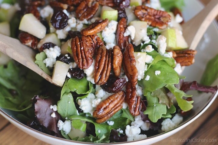 Bowl of Salad with goat cheese, pears, candied pecans, and maple-balsamic dressing