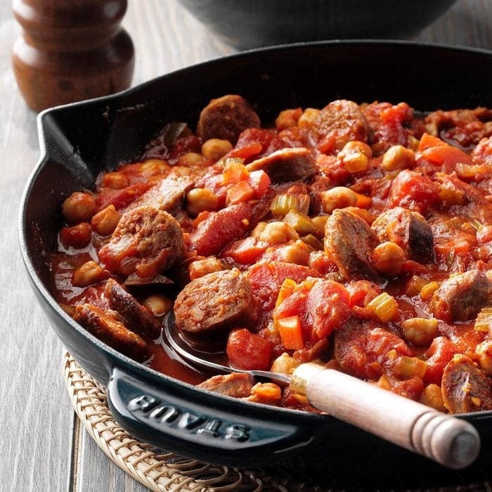 Sausage Chickpea Skillet with Italian sausage, stewed tomatoes, onion, celery, carrots and green pepper