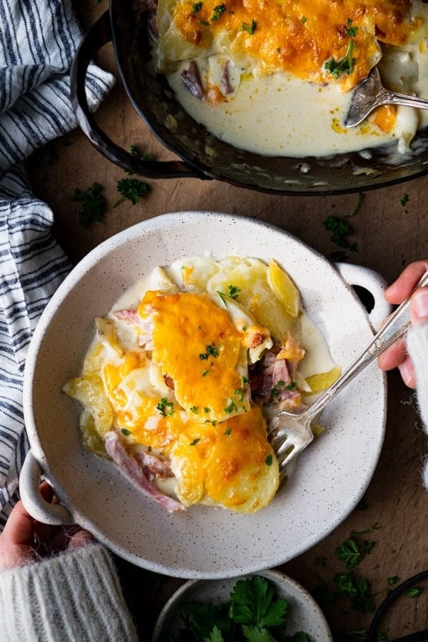 Serving of scalloped potatoes with ham on a plate. 