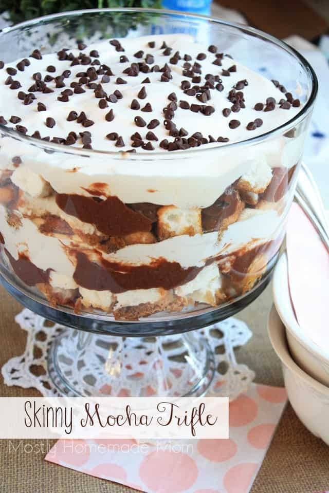 Mocha trifle made with layers of sweet angel food cake, chocolate pudding, whipped cream, and a decadent coffee drizzle.