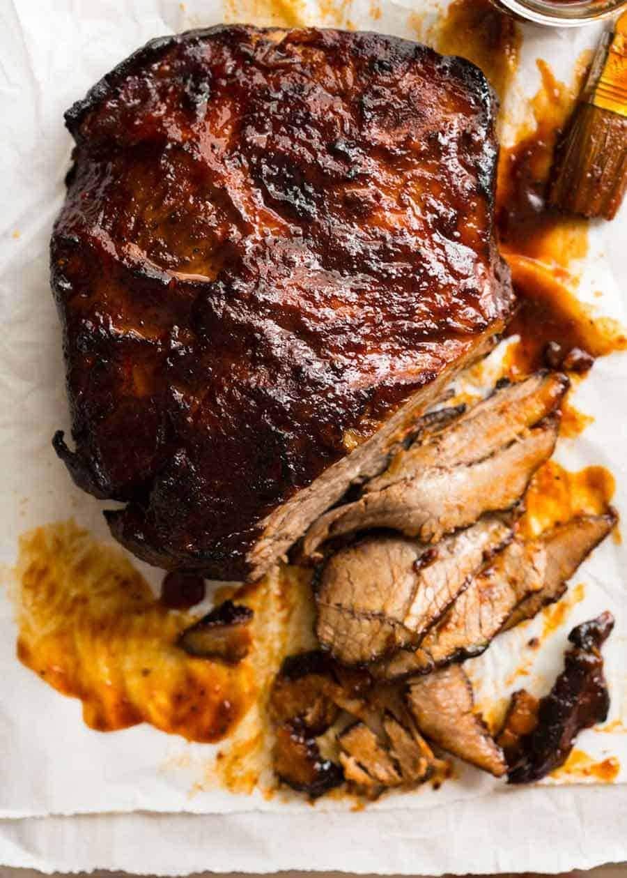 Chunk of Slow Cooker Beef Brisket with barbeque sauce