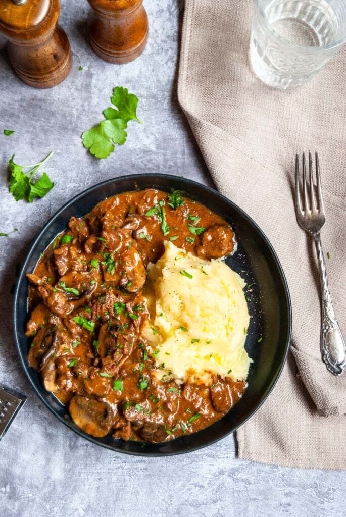 Beef stroganoff with mashed potatoes. 