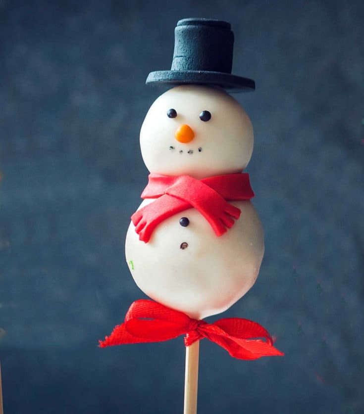 Snowman inspired cake pops on stick.