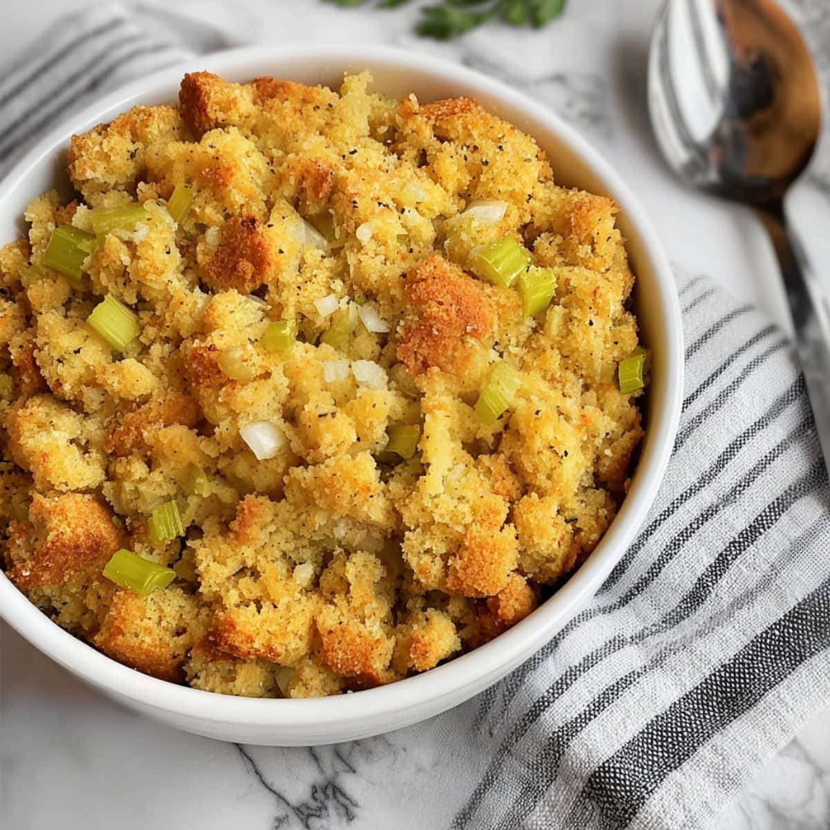 Southern cornbread dressing with chopped celery and white onions in a white bowl. - 5