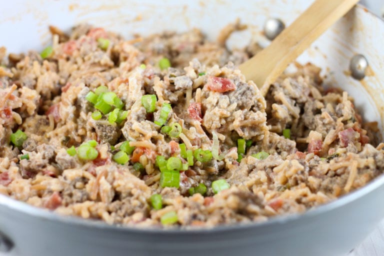 Spanish rice with ground beef and green onions