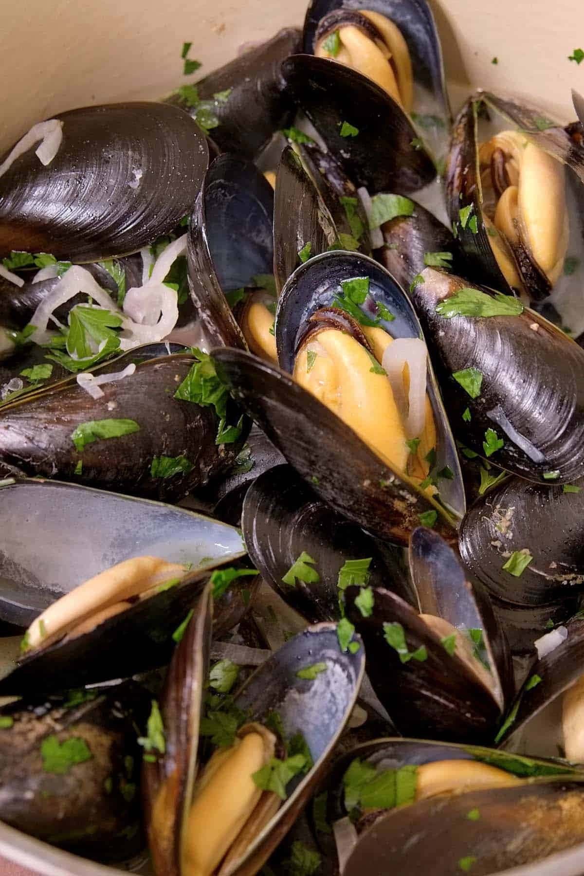 Cooked mussels garnished with chopped parsley leaves.
