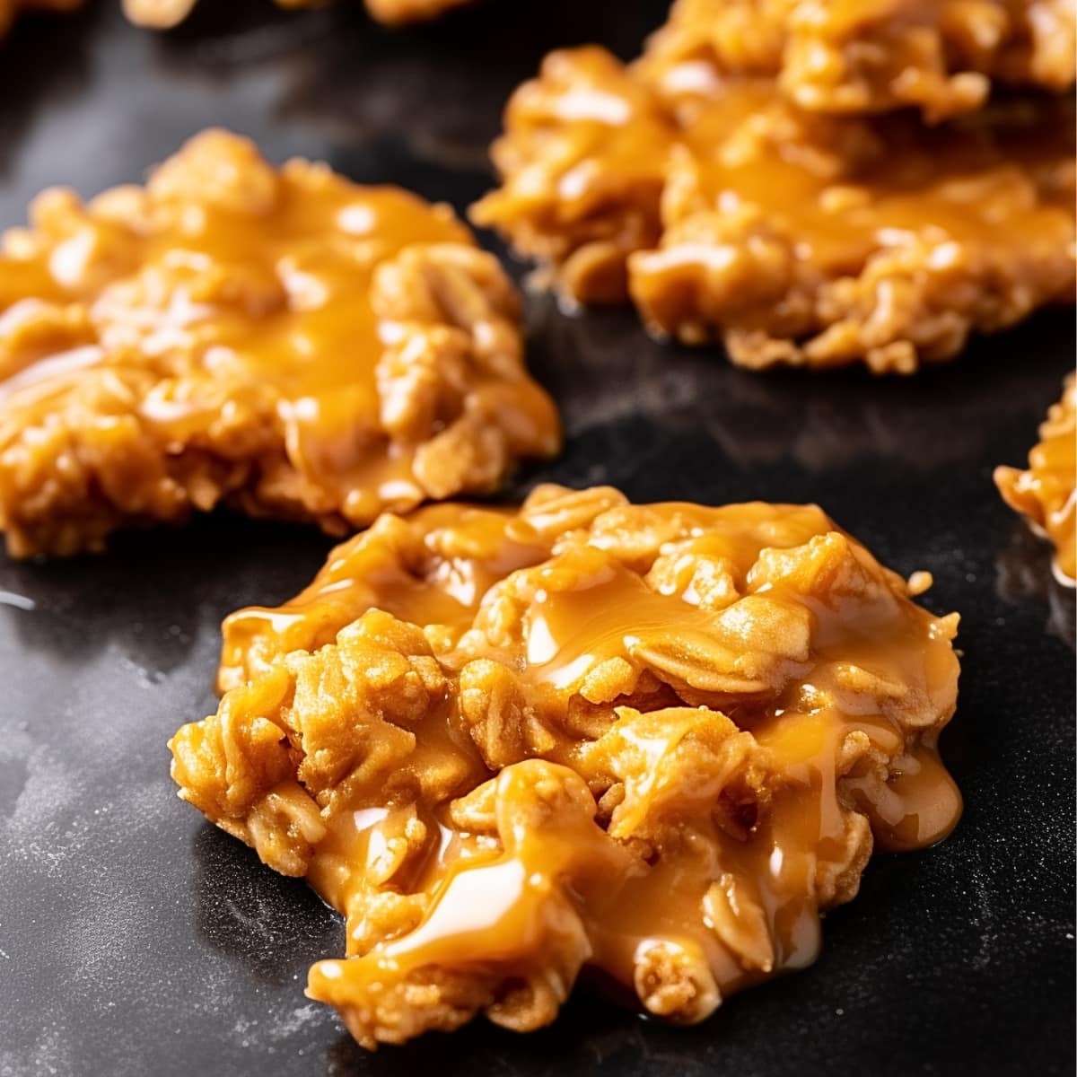 Sticky peanut butter cornflakes cookies laid on a black marble table. 