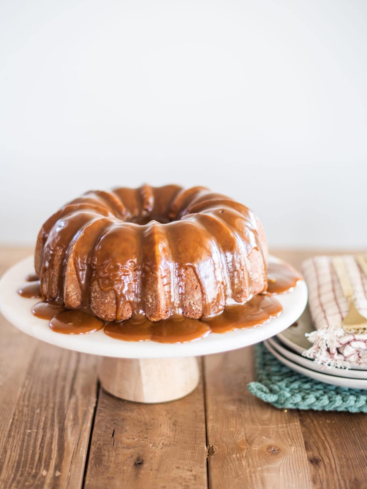 Bundt cake dripping with sticky toffee pudding. 