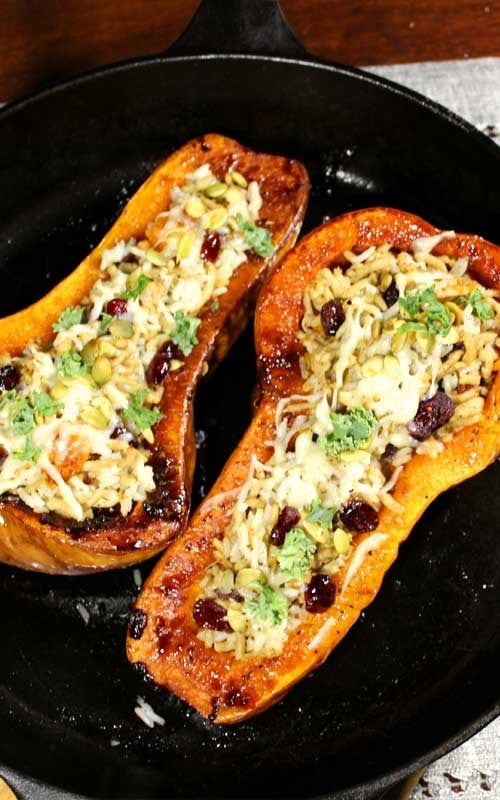 Butternut squash stuffed with chicken mince and fluffy white or brown rice, and topped with parmesan. 