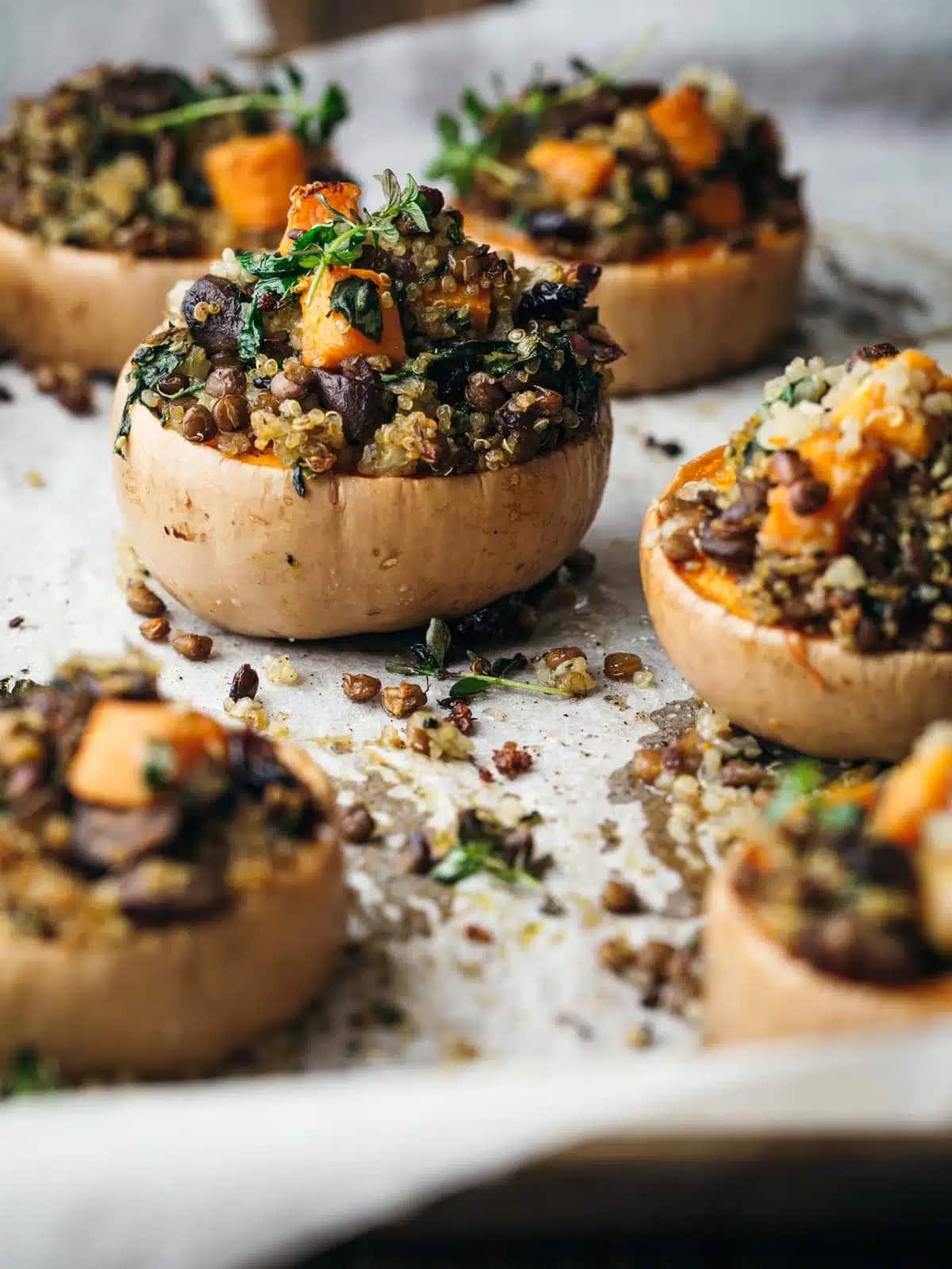 Butternut squash stuffed with hestnuts (for a meaty texture), cranberries, and fragrant herbs. 
