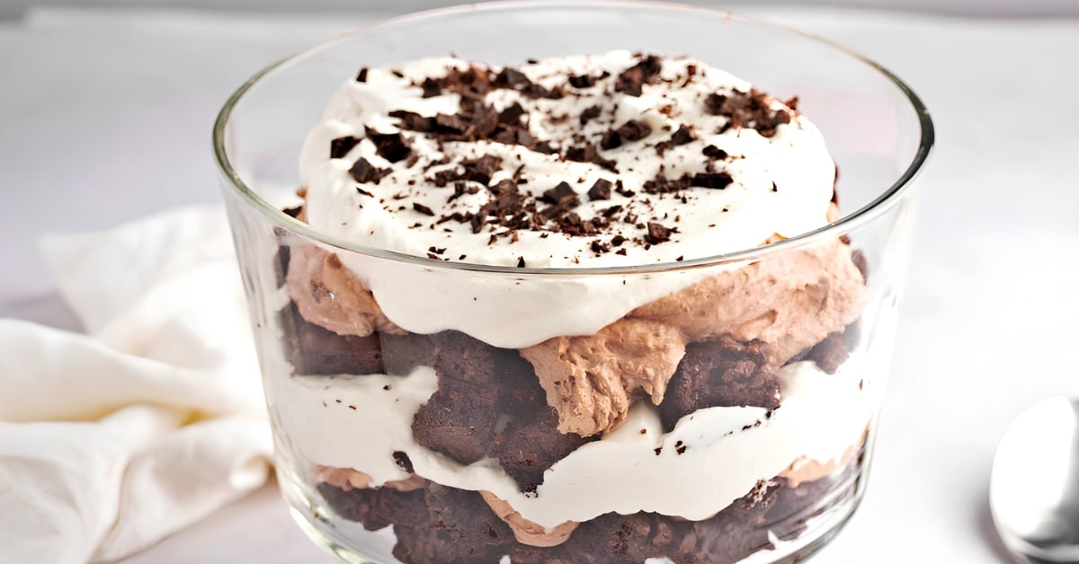Sweet Homemade Chocolate Trifle Topped with Chocolate Shavings Filled with Brownies and Whipped Cream