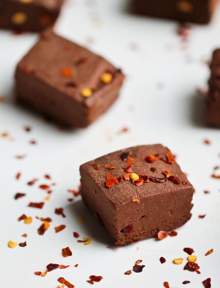 Pieces of chocolate fudge with sprinkles of dried chili. 