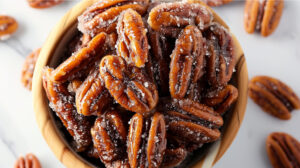 Enjoy the natural goodness of sweet and salty candied pecans in a brown bowl