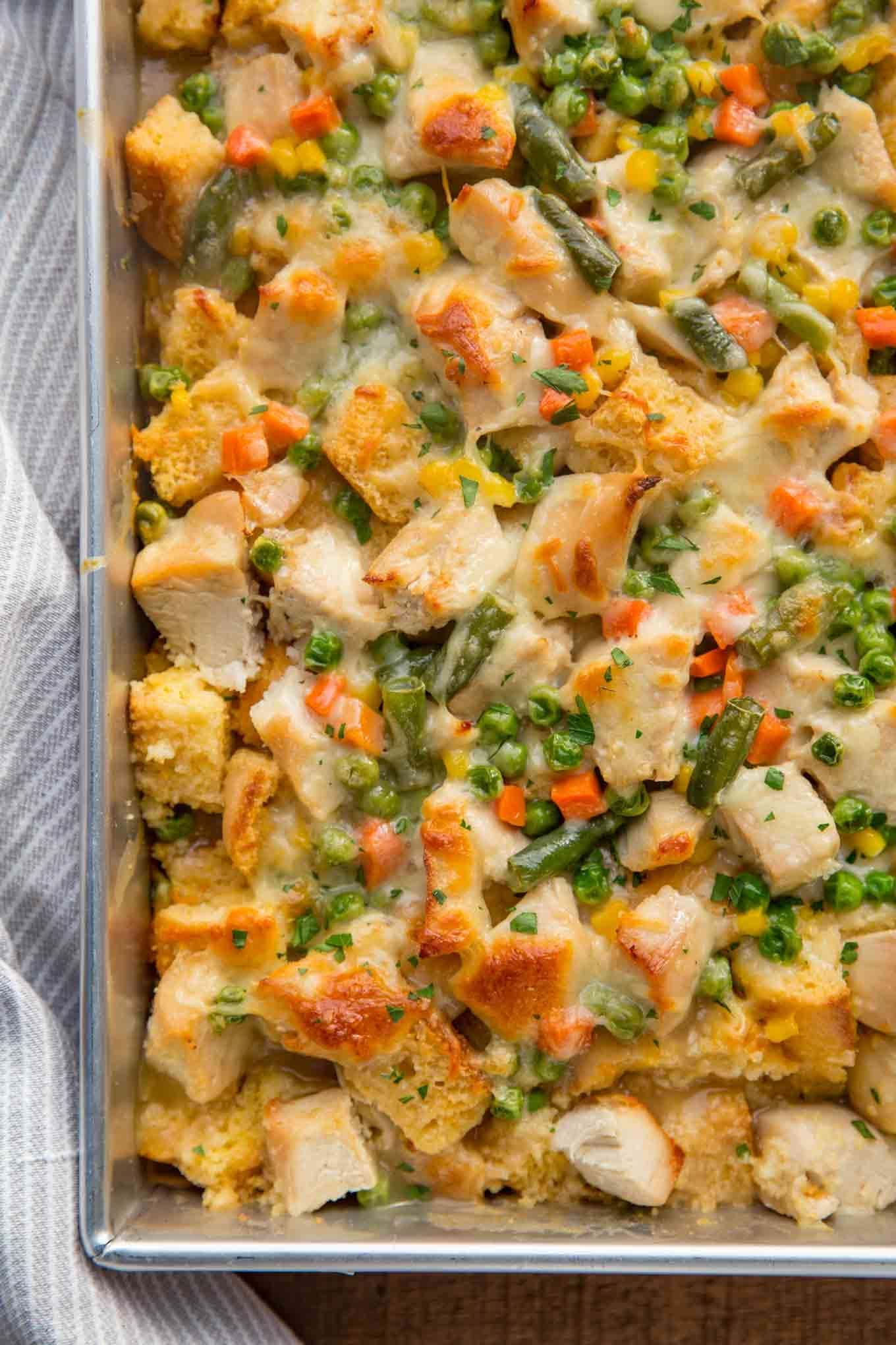 Leftover turkey casserole with peas, carrots, and green beans. 