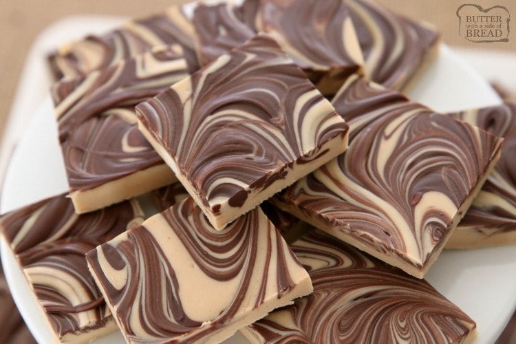 Butter fudge with thick swirls of white chocolate and peanut butter.