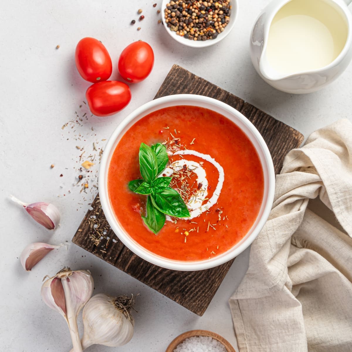 Tomato Basil Soup with Various Ingredients Served with Milk