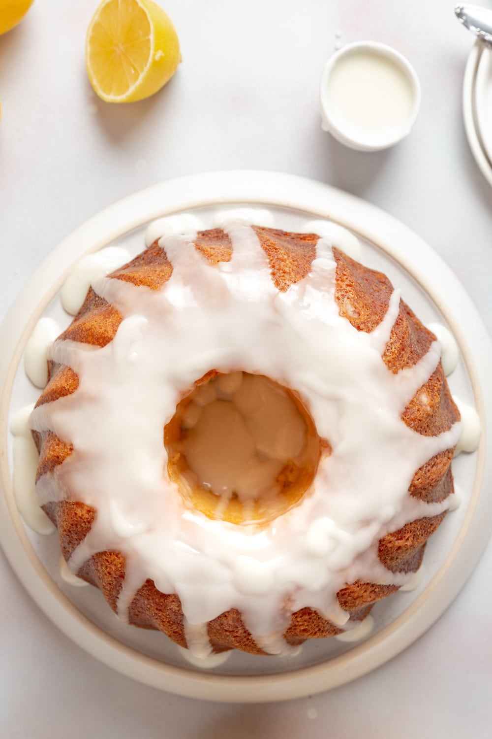 Top view of Kentucky butter cake on a tray with sugar glaze toppings. 