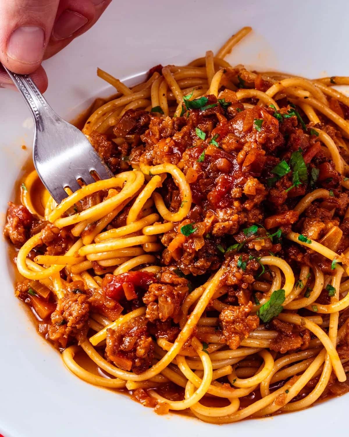Fork tossing pasta with tomato sauce and Bolognese toppings.