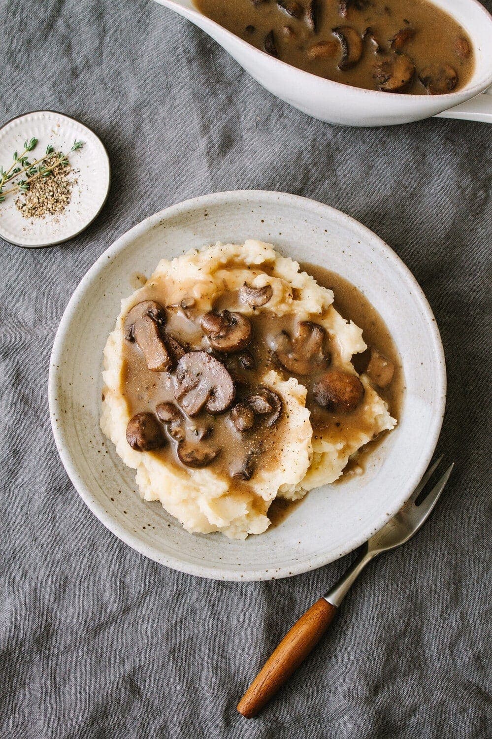 Mashed potato poured with mushroom gravy on top. 