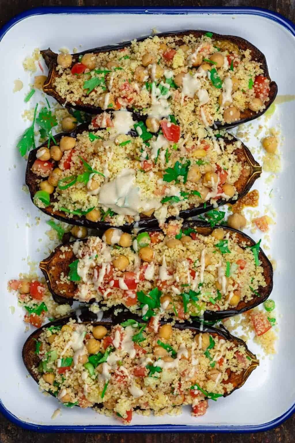 Eggplant stuffed with mixture of chickpeas, couscous, tomatoes, and fresh herbs.