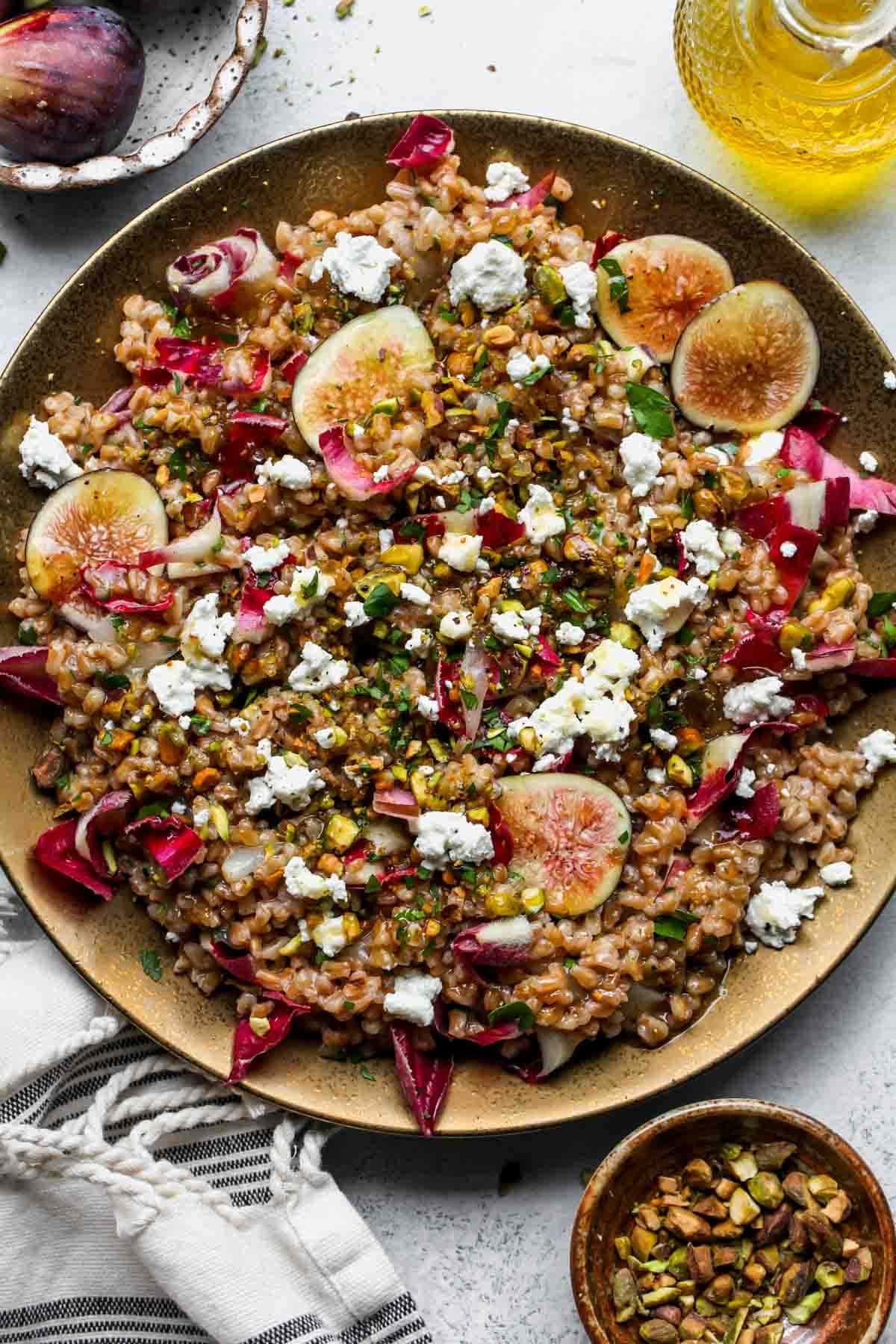 Warm Farro Salad with radicchio, goat cheese, and pistachios with Fig Vinaigrette. 