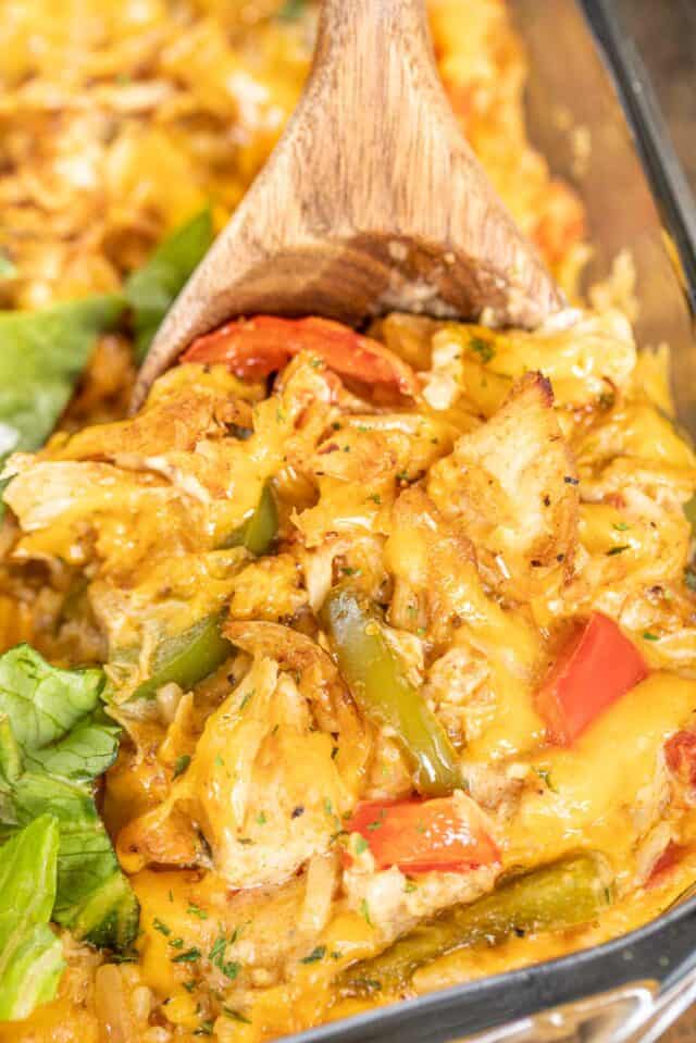 Homemade chicken fajita rice-a-roni casserole with cheese and tomatoes