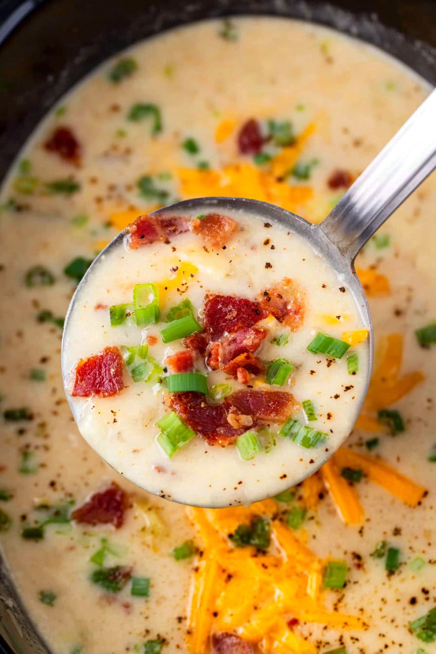 A ladle of creamy potato soup with green onions, bacon and cheese