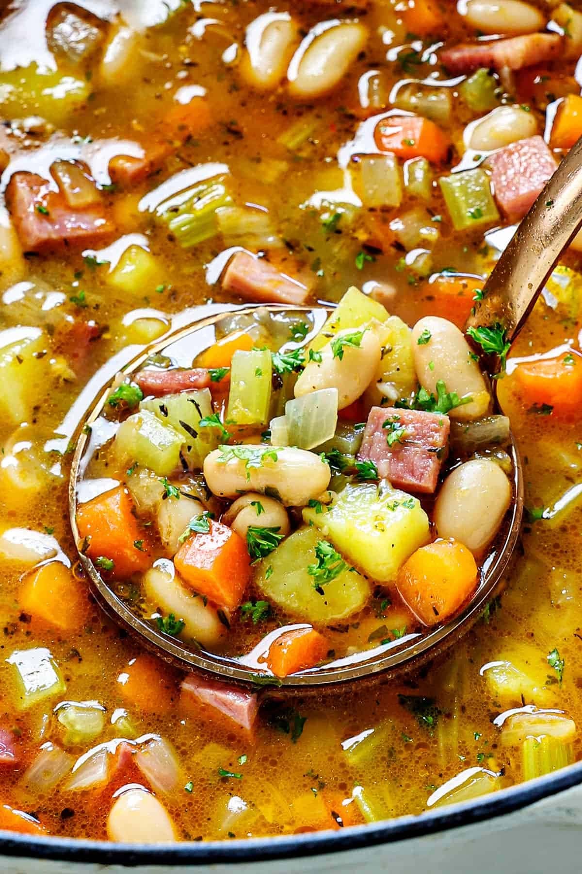 Warm ham and bean soup with carrots, beans, onions, herbs, and potatoes- close up view of a bowl with soup in the spoon