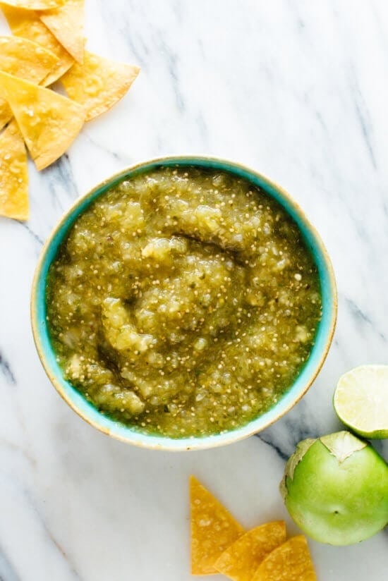 Homemade salsa verde with tomatillos, jalapenos and crisp onions