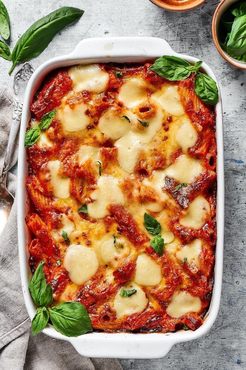 Homemade pasta casserole with rigatoni, cheese and tomato sauce