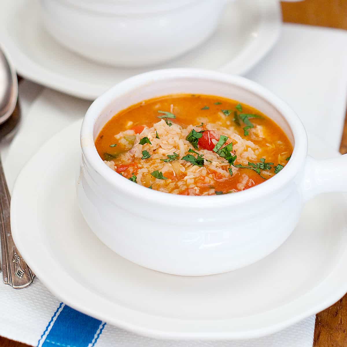 Warm spanish chicken and rice soup in a bowl