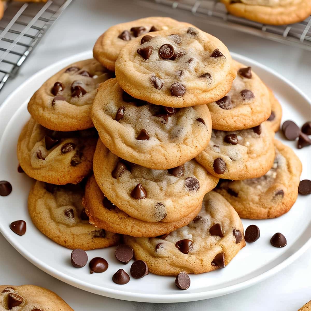 A stack of crispy, soft and chewy chocolate chip cookies