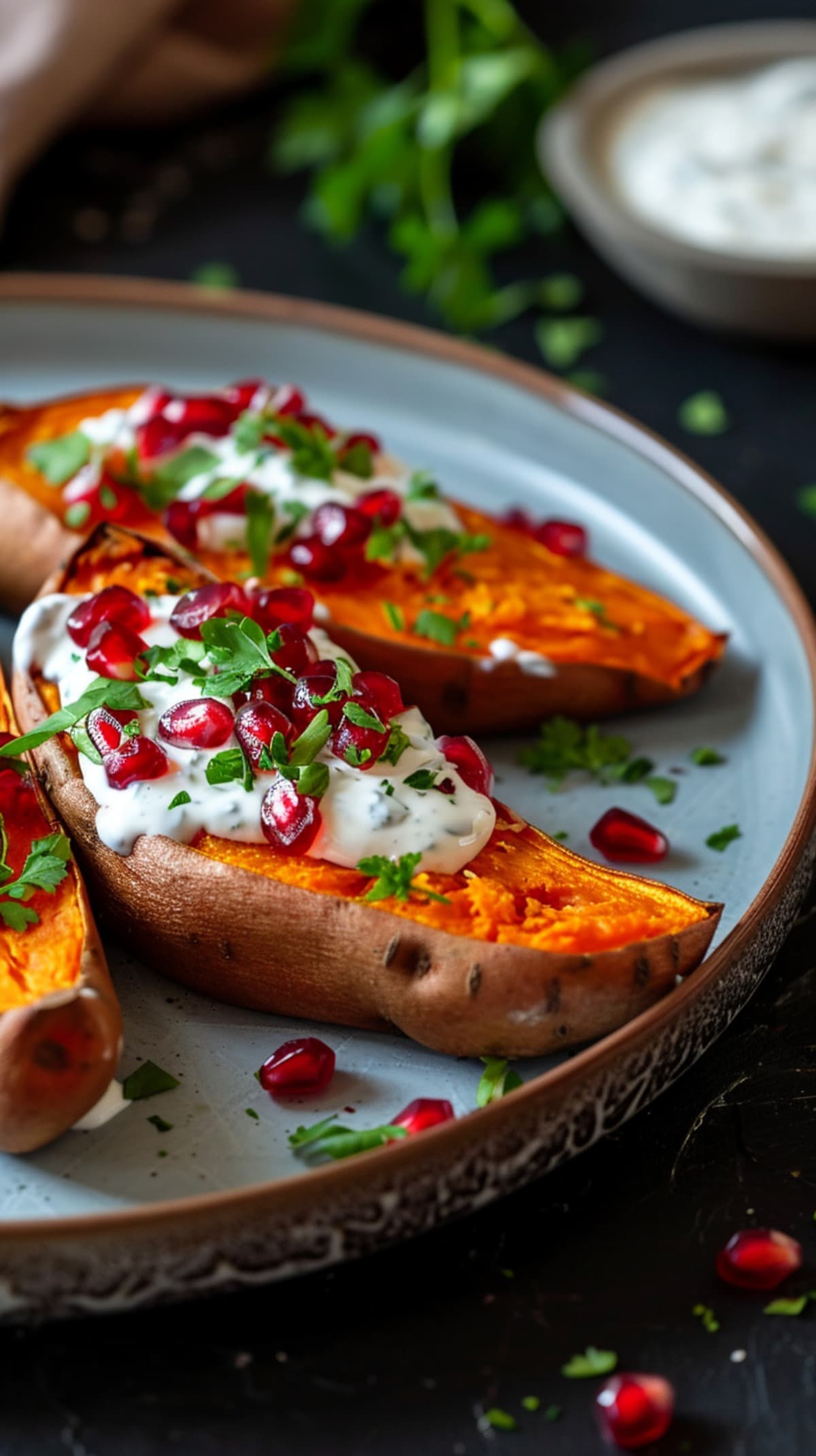 Baked Sweet Potatoes with Yogurt Dressing and Pomegranate Seeds