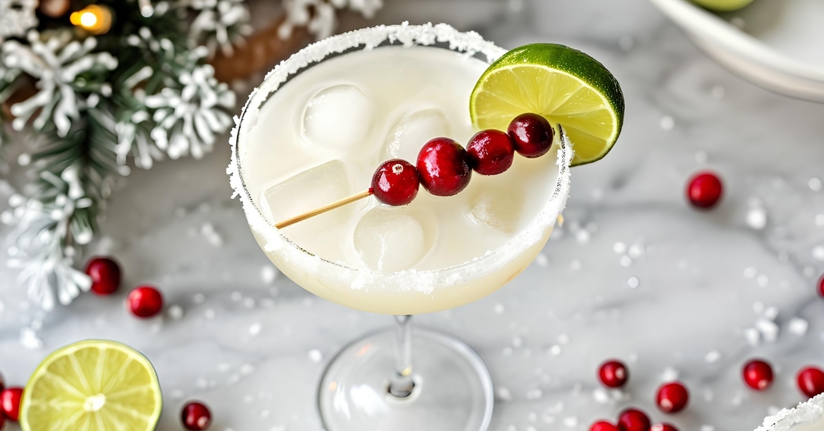 Homemade Boozy and Refreshing White Christmas Margarita with Cranberries, Lime and Salt