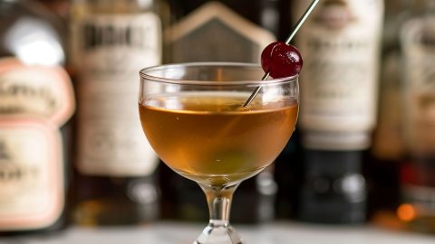 Side View Brooklyn Cocktail in a Coupe Glass with Luxardo Maraschino Cherry and Bottles of Liqueurs in the Background