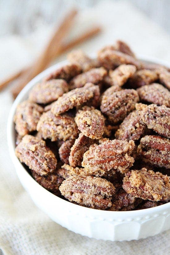 Sugar coated pecans on a bowl.