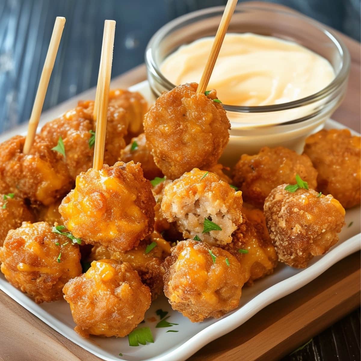 Delicious cheddar bay sausage balls with dipping sauce