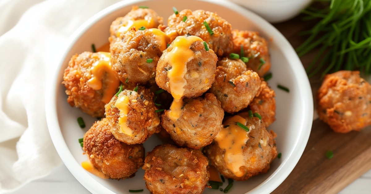 A bowl of cheesy cheddar bay sausage meatballs on a wooden board