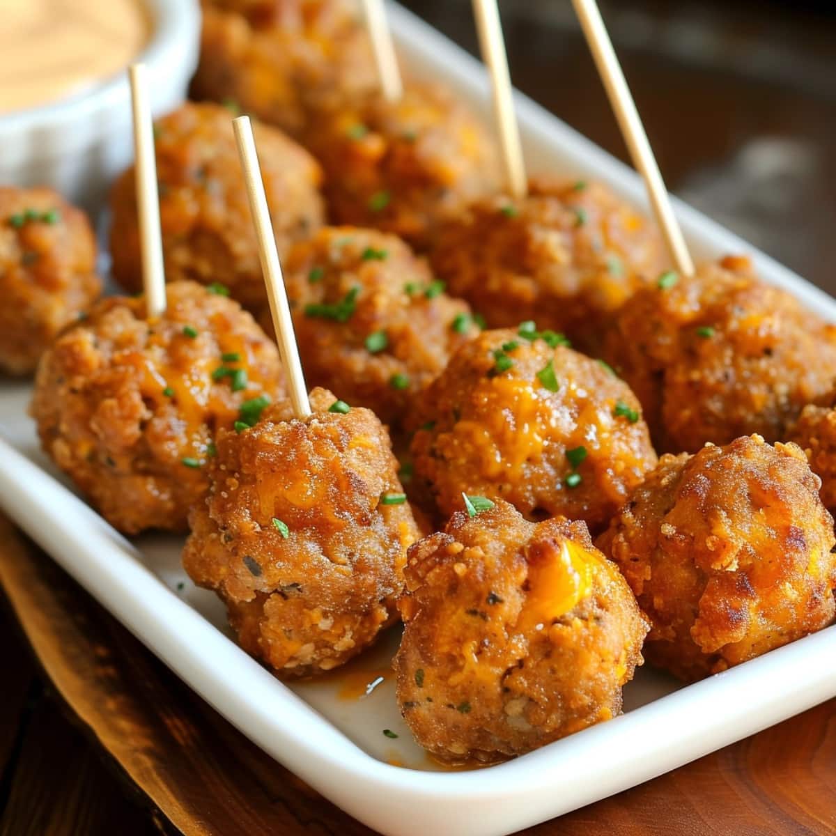 Cheesy homemade cheddar bay sausage balls on a wooden board