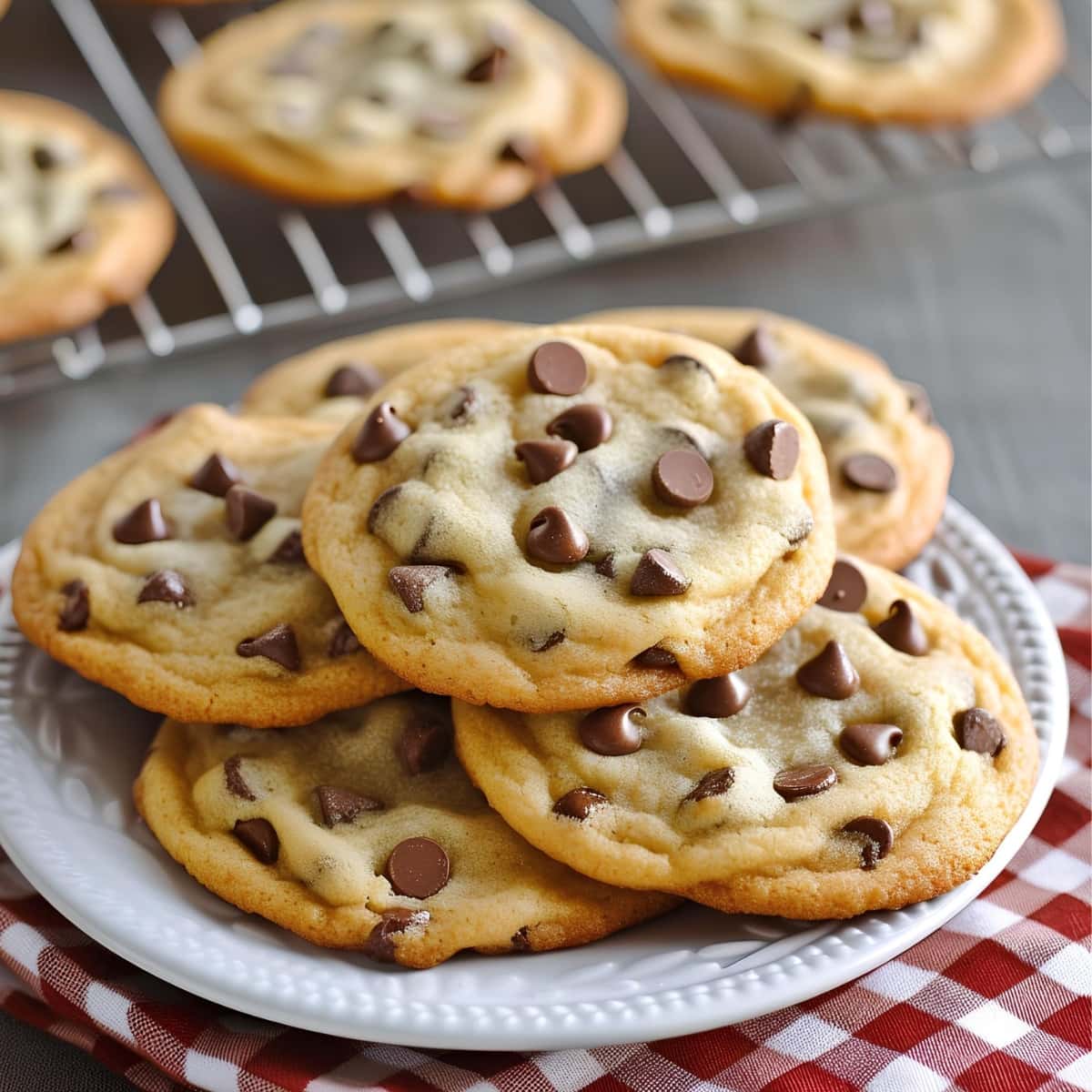 Thin and chewy chocolate chip cookies in a white plate