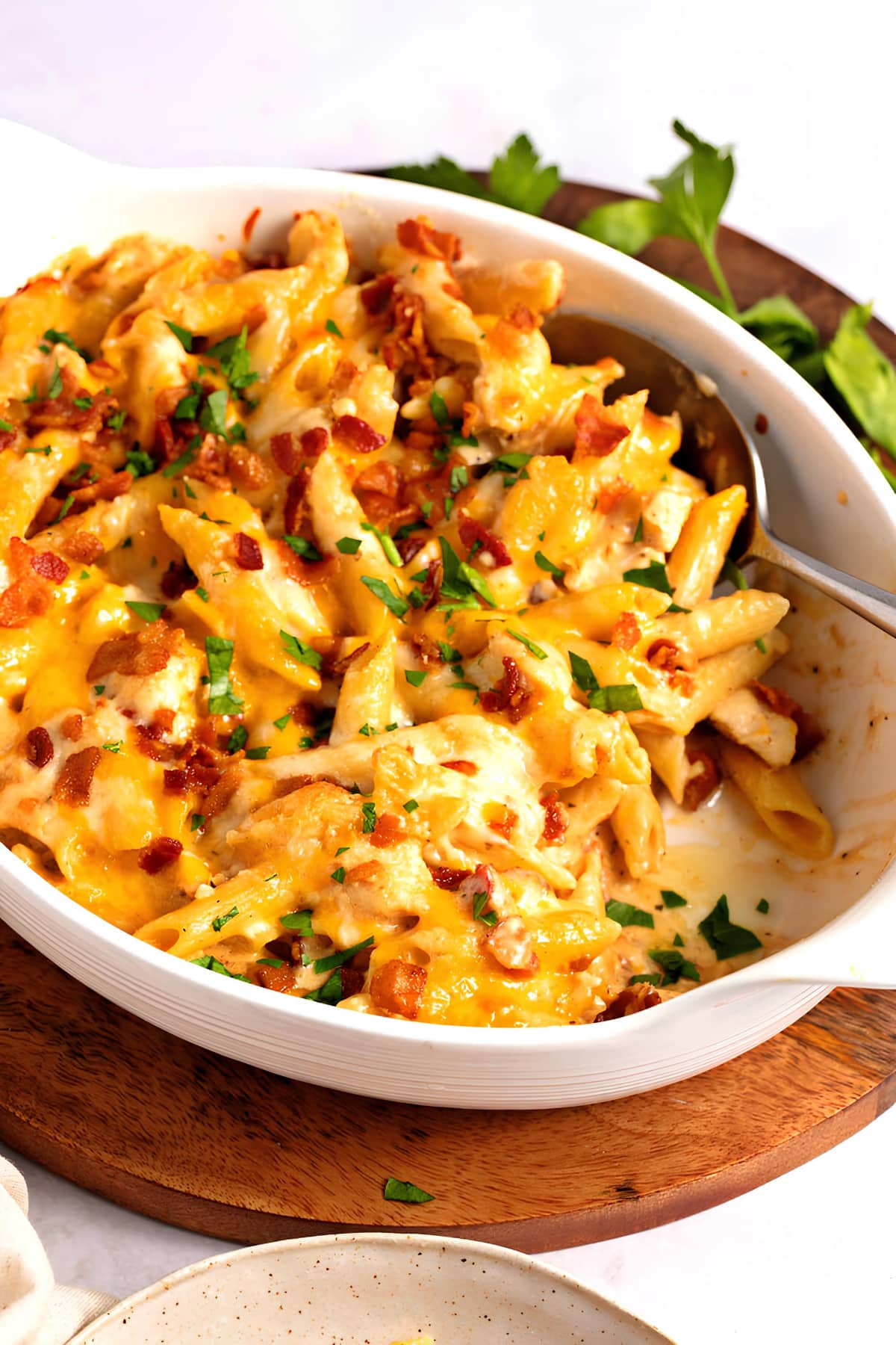 Chicken Bacon Ranch Casserole with bacon bits and cheese