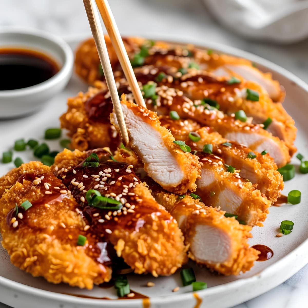 Crispy chicken katsu with sesame seeds and green onions with dipping sauce
