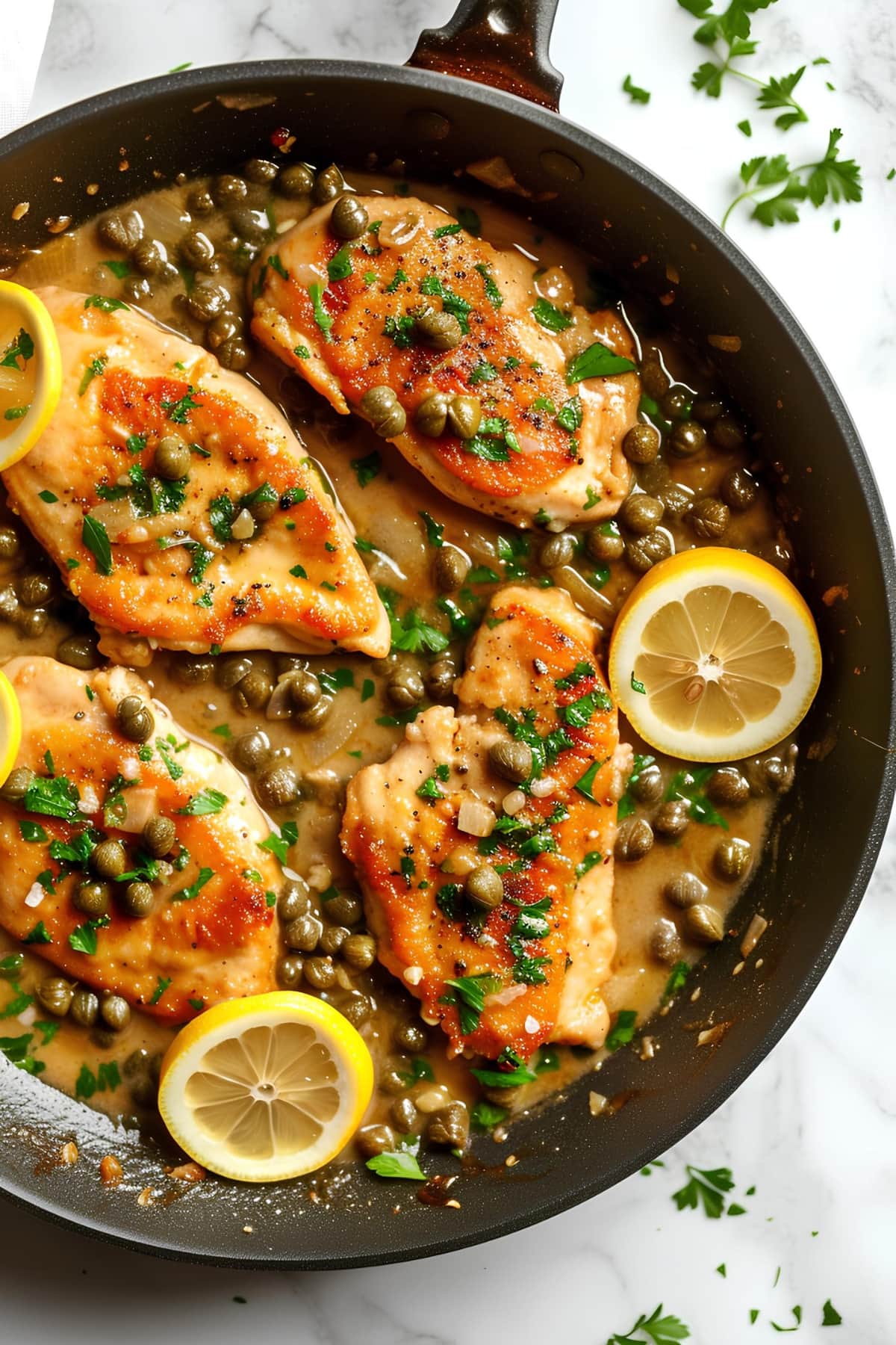 Homemade Chicken Piccata in a Black Skillet with Lemon and Capers, Top View