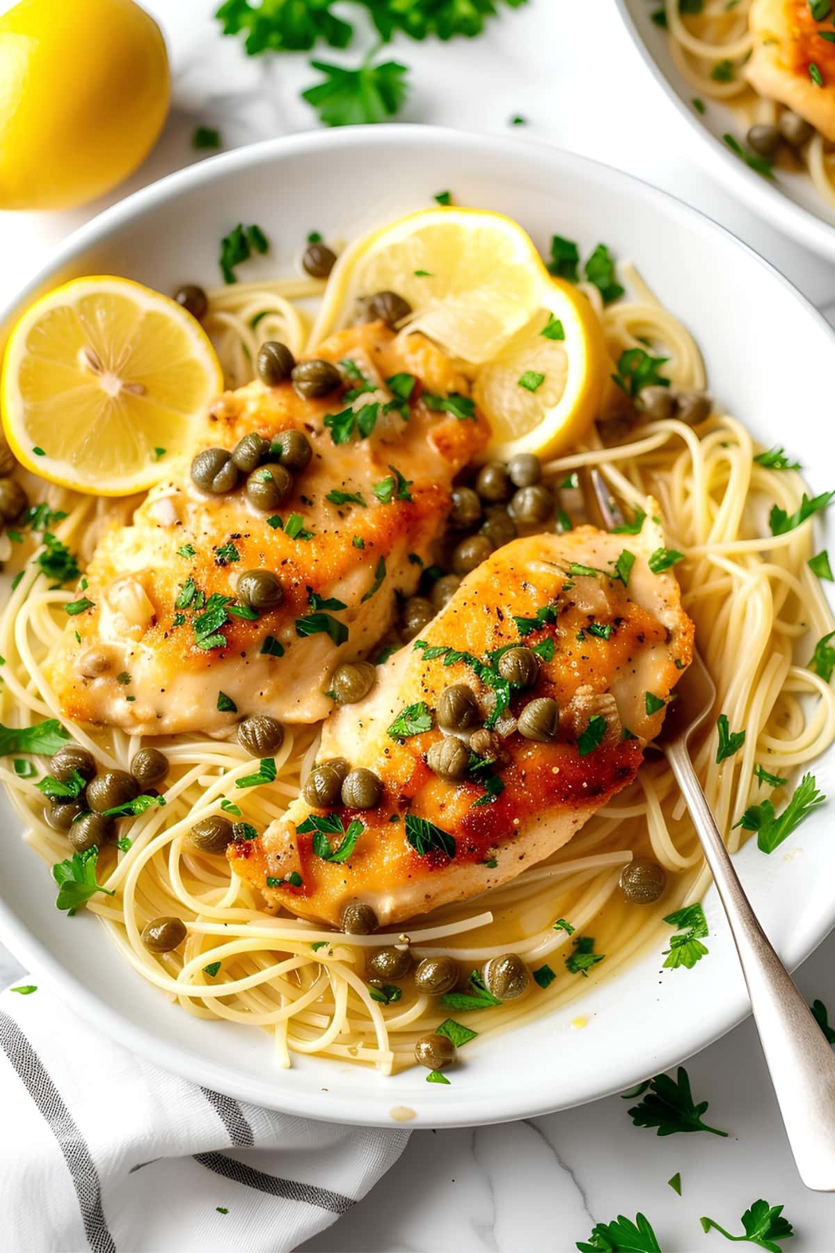 Homemade Chicken Piccata with Angel Hair Pasta, Capers and Lemon in a White Plate