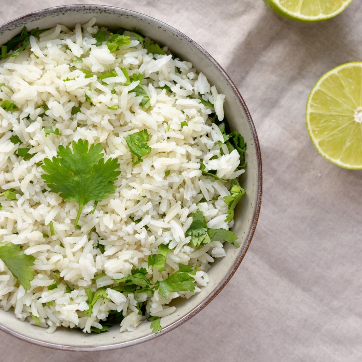 Top view of cilantro lime rice on a bowl.
