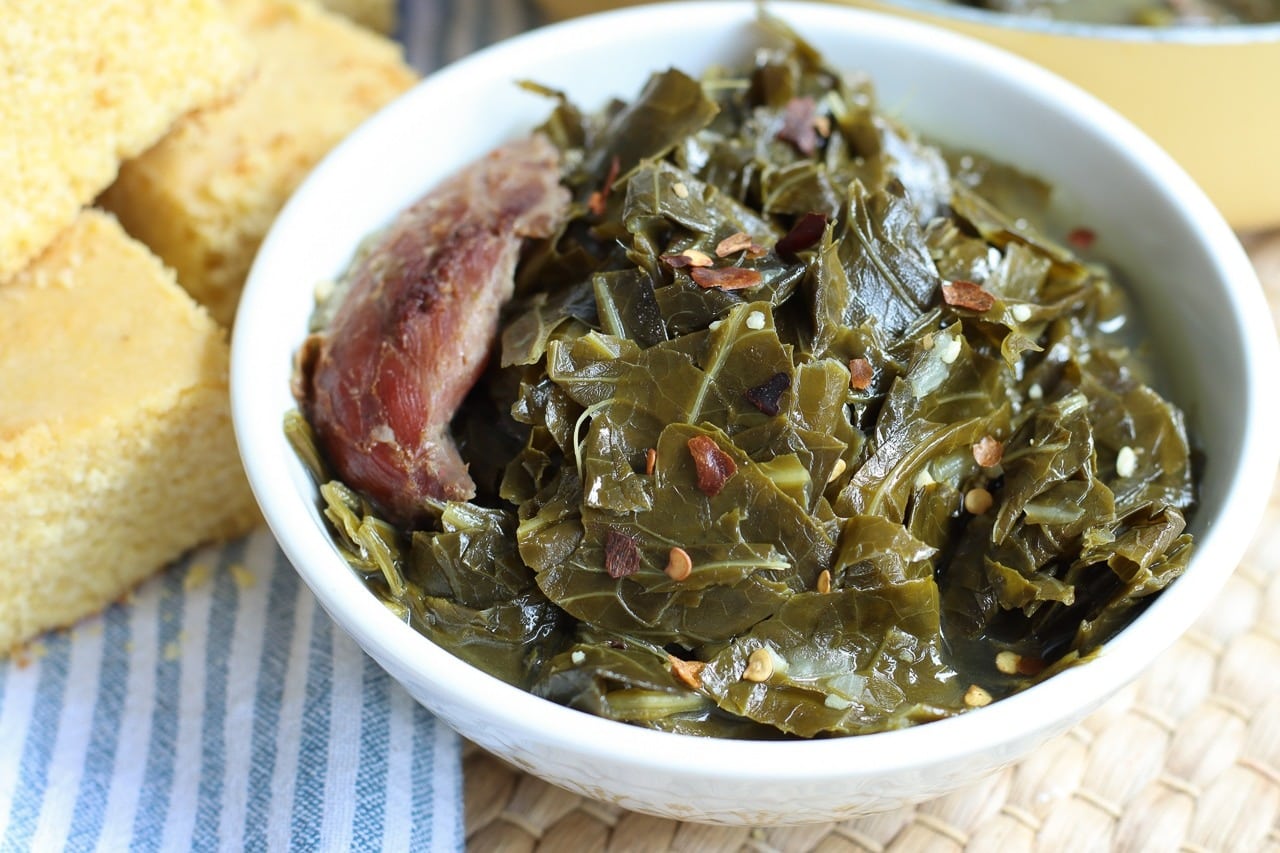 Braised collar greens served on a small bowl.