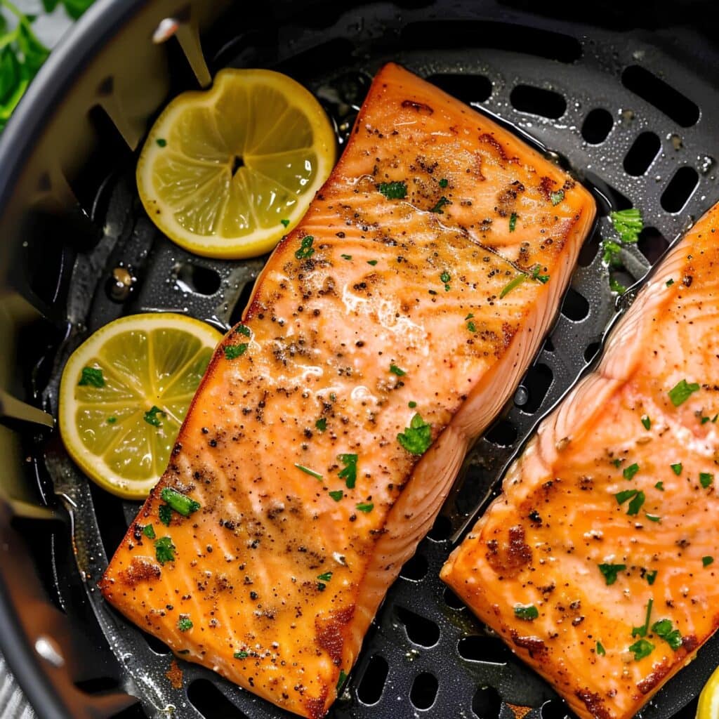 Salmon fillet with lemon slices in an air fryer