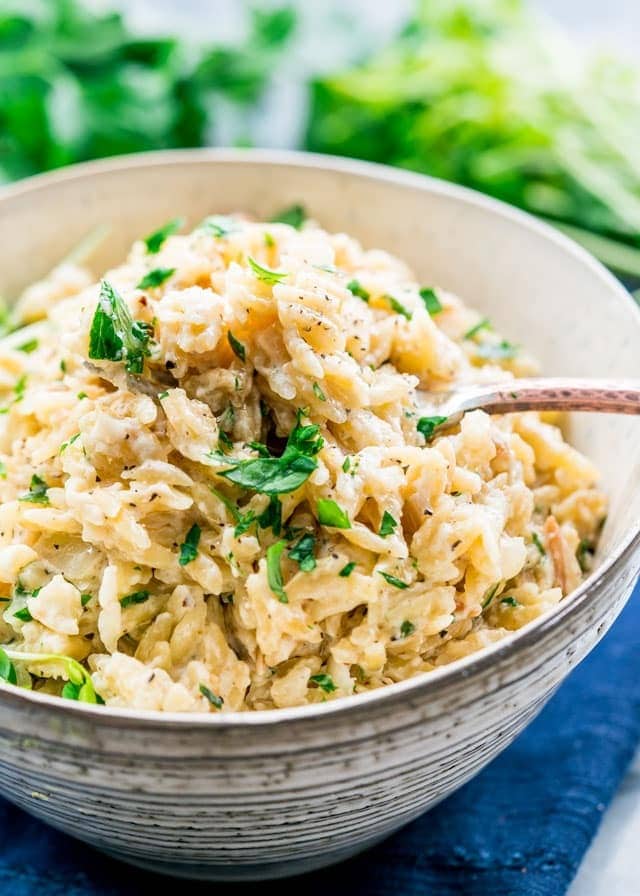 Spoon on a bowl of orzo pasta with creamy sauce garnished with chopped parsley leaves.